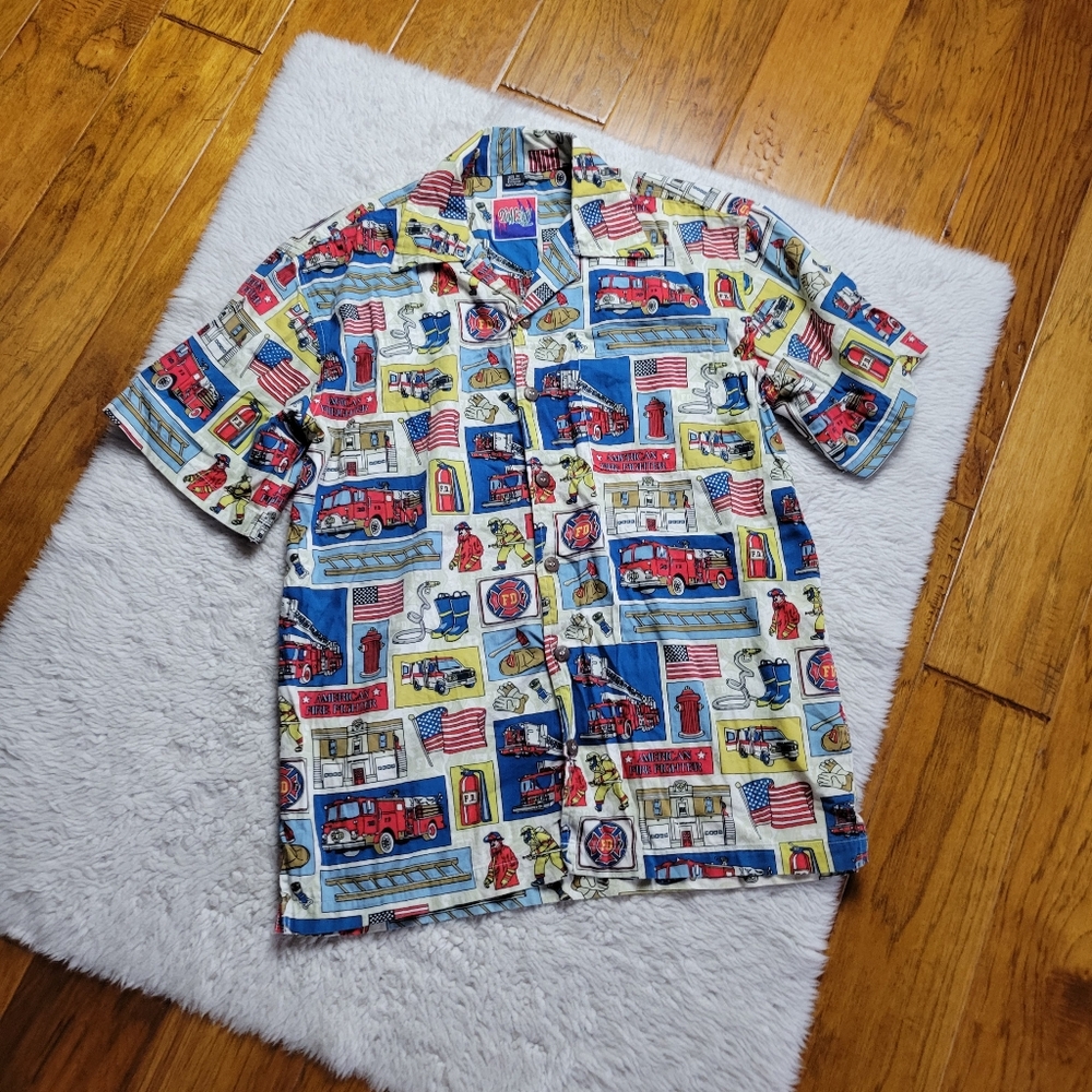 Vintage Dem Crazy Button Up Shirt Firefighter Fireman Men's Medium Short Sleeve